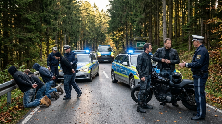 VIER SCHLÄGER BLOCKIERTEN DAS SCHWARZE MOTORRAD AUF EINER VERLASSENEN STRAẞE NAHE DEM BAYERISCHEN WALD, TRATEN HEFTIG GEGEN DAS RAD UND PACKTEN DEN BIKER AM KRAGEN, UM GELD VON IHM ZU FORDERN. ER BLIEB NUR STILL, ZOG SEINE DIENSTPISTOLE HERVOR UND ÜBERWÄLTIGTE DIE GANZE RÄUBERBANDE. ZWEI MINUTEN SPÄTER KAMEN DREI POLIZEIWAGEN UND FÜHRTEN DIE VIER RÄUBER AB. ERST DA ERFUHREN SIE, WER DER MANN WIRKLICH WAR: EIN VERDECKTER ERMITTLER DER BAYERISCHEN POLIZEI, DER SEIT MONATEN EINE SERIE VON ÜBERFÄLLEN AUF BIKER UNTERSUCHTE.