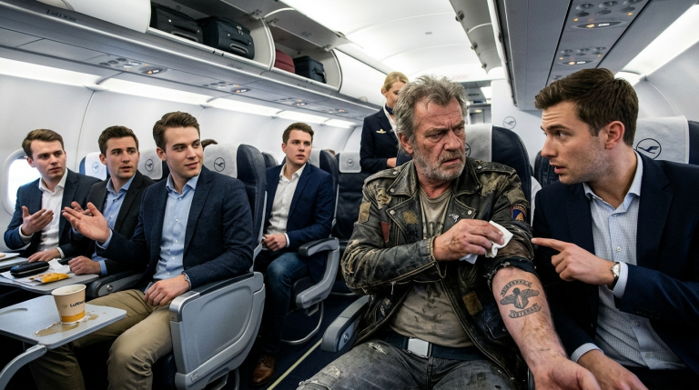 4 ARROGANTE GESCHÄFTSMÄNNER SCHÜTTEN IM LUFTHANSA-FLUG NACH MÜNCHEN HEISSEN TEE AUF DEN ALTEN BIKER KLAUS UND BESCHIMPFEN IHN ALS ABSCHAUM… DOCH ALS SEINE ZERRISSENE JACKE EIN VERBORGENES MILITÄR-TATTOO ZEIGT, PASSIERT ETWAS VÖLLIG UNERWARTETES