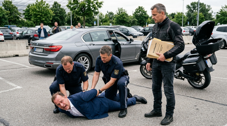 DER FAHRER DES LUXUSWAGENS IN MÜNCHEN TRAT DEM BIKER NACH EINEM LEICHTEN ZUSAMMENSTOẞ AUF DEM PARKPLATZ GEGEN DAS BEIN UND BESCHIMPFTE IHN ALS „BILLIGEN MOTORRADFAHRER“. DER BIKER STRITT NICHT, SONDERN ÖFFNETE NUR DEN KOFFER UND HOLTE EINEN STAPEL ERMITTLUNGSAKTEN HERAUS. ES STELLTE SICH HERAUS, DASS ER EIN HOCHRANGIGER STAATSANWALT WAR, DER GERADE DEN GELDWÄSCHERING DES FAHRERS ÜBERWACHTE. ALS DER MANN AUF DEN BODEN GEDRÜCKT WURDE, STAND SEIN MUND OFFEN, UND SEINE AUGEN WAREN VOLLER PANIK.