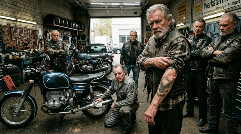 DER BESITZER EINER WERKSTATT IN STUTTGART STIEẞ DEN ALTEN BIKER AUS DER GARAGE, WEIL ER DACHTE, DER MANN WOLLE SEIN MOTORRAD KOSTENLOS REPARIEREN LASSEN. ER SCHLUG IHM SOGAR HEFTIG AUF DIE HAND, ALS ER DAS KLASSISCHE MOTORRAD BERÜHRTE. DER BIKER ZOG SEINEN ÄRMEL HOCH UND ENTHÜLLTE DAS TATTOO EINES LEGENDÄREN BIKERCLUBS, DER DIESE GANZE REGION EINST KONTROLLIERT HATTE, BEVOR ER SICH AUFLÖSTE. ÄLTERE BIKER TRATEN EIN UND NANNTEN IHN DEN „ALTEN BOSS“. DER WERKSTATTBESITZER WURDE GEZWUNGEN, SICH HINZUKNIEN UND DAS MOTORRAD SAUBER ZU WISCHEN, DAS GESICHT TOTENBLEICH.