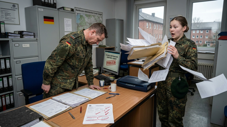 DER KOMMANDANT WARF DER SOLDATIN IM VERWALTUNGSRAUM IN KÖLN DEN AKTENSTAPEL HEFTIG GEGEN DIE BRUST, WEIL SIE BEMERKT HATTE, DASS DIE UNTERSCHRIFTEN IM UNFALLBERICHT NICHT ÜBEREINSTIMMTEN. ER NANNTE SIE EINE VORLAUTE REKRUTIN. DOCH DER SCANNER BESTÄTIGTE, DASS ALLE DREI UNTERSCHRIFTEN GEFÄLSCHT WAREN. DER KOMMANDANT SENKTE DEN KOPF, WÄHREND IHM DER SCHWEIẞ DEN HALS HINUNTERLIEF.