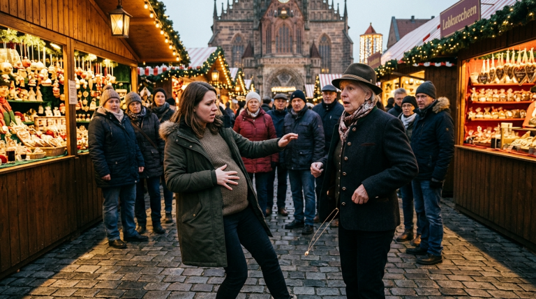 DIE SCHWIEGERMUTTER STIEẞ DIE SCHWANGERE SCHWIEGERTOCHTER VOR DEM NÜRNBERGER WEIHNACHTSMARKT, SODASS SIE TAUMELTE, WEIL SIE SICH WEIGERTE, AUF DIE KNIE ZU GEHEN UND UM VERZEIHUNG ZU BITTEN, NACHDEM MAN IHR FÄLSCHLICH VORGEWORFEN HATTE, DIE FAMILIENERBSTÜCK-HALSKETTE VERLOREN ZU HABEN. AUS DER JACKE DER SCHWIEGERMUTTER FIEL GENAU DIESE HALSKETTE HERAUS. DIE MENGE KEUCHTE AUF; DIE SCHWIEGERMUTTER STAND WIE ERSTARRT DA, DAS GESICHT KREIDEBLEICH.