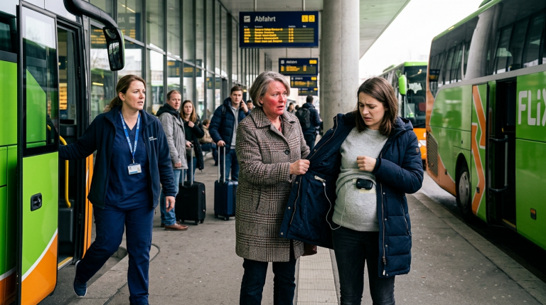 DIE SCHWIEGERMUTTER ZOG DER SCHWANGEREN SCHWIEGERTOCHTER AM MÜNCHNER BUSBAHNHOF HEFTIG AN DER JACKE, WEIL SIE IHREN PLATZ NICHT FÜR DIE SCHWESTER IHRES MANNES FREIGEBEN WOLLTE. DIE JACKE SPRANG AUF UND ENTHÜLLTE EIN FETALES HERZMESSGERÄT, DAS DER ARZT IHR ANGEORDNET HATTE, STÄNDIG BEI SICH ZU TRAGEN. EINE KRANKENSCHWESTER IM BUS ERHOB DIE STIMME; DIE SCHWIEGERMUTTER STAND FASSUNGSLOS DA, DAS GESICHT VOR SCHAM FEUERROT.