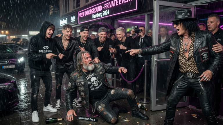 5 JUNGE SCHNÖSEL SCHMEISSEN DEN GRAUHAARIGEN BIKER UWE BEI EINER VIP-PARTY IN HAMBURG IN DEN STRÖMENDEN REGEN UND LACHEN IHN AUS… BIS EIN BERÜHMTER ROCKSTAR RAUSSTÜRMT UND EINE WAHRHEIT OFFENBART, DIE ALLES VERÄNDERT.