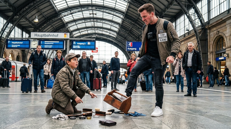 EIN MÄNNLICHER VLOGGER MIT MILLIONEN VON FOLLOWERN TRAT IM HAUPTBAHNHOF VON MÜNCHEN DIE WERKZEUGKISTE EINES SCHUHPUTZERJUNGEN WEG, WEIL DER JUNGE VERSEHENTLICH ETWAS WASSER AUF SEINE TEUREN SCHUHE GESPRITZT HATTE. ER WAR IMMER FÜR DAS IMAGE EINES „GÜTIGEN MOTIVATORS“ BERÜHMT. DOCH ALS SEINE GELDBÖRSE AUS DEN HÄNDEN DES JUNGEN ZU BODEN FIEL, BEGRIFFEN ALLE, DASS DER JUNGE SIE IHM NUR ZURÜCKGEBEN WOLLTE.