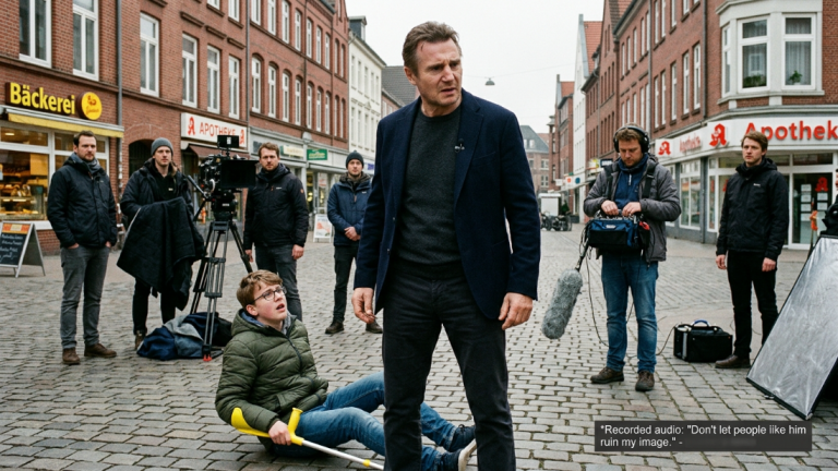 EIN BERÜHMTER SCHAUSPIELER, DER FÜR SEINE ANTI-MOBBING-KAMPAGNEN BEKANNT WAR, STIEẞ EINEN SCHÜLER MIT BEHINDERUNG AUF EINEM PLATZ IN HAMBURG ZU BODEN, WEIL DER JUNGE VERSEHENTLICH VOR SEINER WERBEKAMERA STAND. DAS GESAMTE TEAM SCHWIEG. DOCH DAS MIKROFON WAR NOCH EINGESCHALTET UND NAHM AUF, WAS ER DANACH SAGTE: „LASST NICHT ZU, DASS MENSCHEN WIE ER MEIN IMAGE RUINIEREN.“