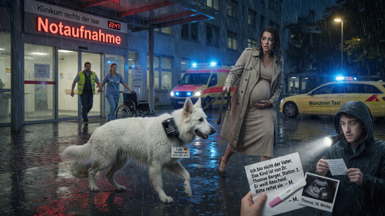 KAPITEL 2 – EIN WEIẞER SCHÄFERHUND ZOG EINE SCHWANGERE FRAU IN MÜNCHEN DURCH DEN REGEN BIS ZUR NOTAUFNAHME — DOCH WAS DIE ÄRZTE IN SEINER HALSBANDKAPSEL FANDEN, LIEẞ DEN EHEMANN ERBLASSEN
