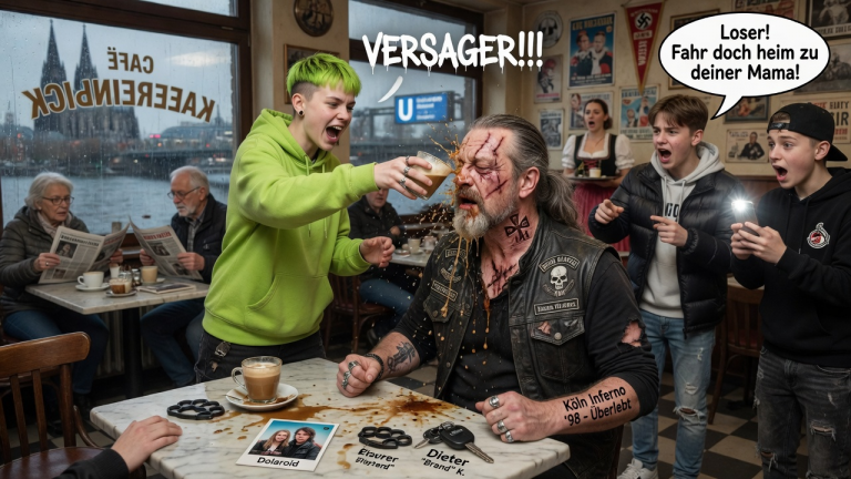 3 LAUTE TEENAGER WERFEN DEM ZITTERNDEN BIKER DIETER IN EINEM KÖLNER BISTRO DEN KAFFEE INS GESICHT UND NENNEN IHN EINEN VERSAGER… WAS SEINE VERSTECKTE BRANDNARBE JEDOCH ÜBER SEINE VERGANGENHEIT VERRÄT, DREHT DIE SITUATION KOMPLETT UM