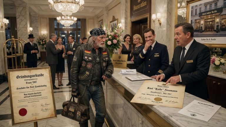 KAPITEL 2 – DER ALTE BIKER WURDE IM BERLINER LUXUSHOTEL AUSGELACHT, WEIL ER WIE EIN LANDSTREICHER AUSSAH — BIS DER DIREKTOR SEINEN NAMEN AUF DER GRÜNDUNGSURKUNDE SAH