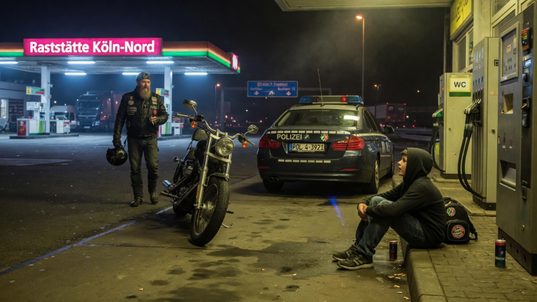 KAPITEL 2 – EIN BIKER FAND EINEN JUNGEN NACHTS AN EINER RASTSTÄTTE BEI KÖLN, DER NUR SAGTE: „MEIN VATER KOMMT GLEICH“ — DOCH DAS KENNZEICHEN HINTER IHM GEHÖRTE DER POLIZEI