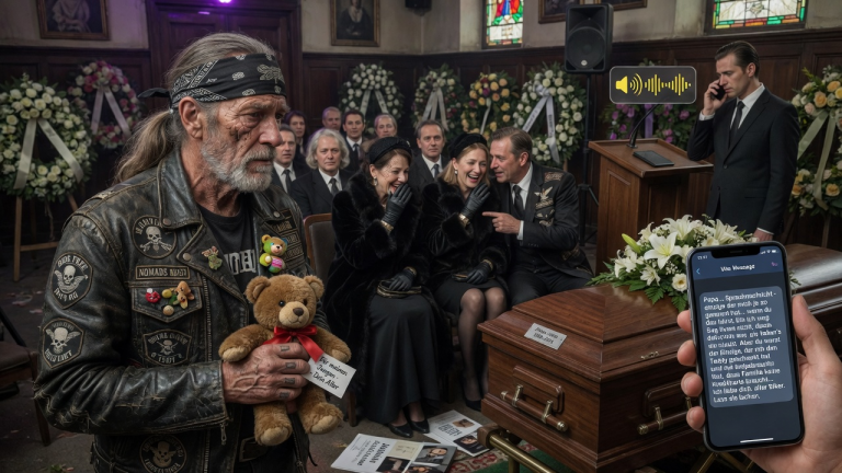 KAPITEL 2 – DER ALTE BIKER KAM MIT EINEM KLEINEN TEDDYBÄREN ZUR BEERDIGUNG DES JUNGEN, DEN DIE REICHE FAMILIE NIE SEINEN SOHN NENNEN LIEẞ — SIE LACHTEN ÜBER SEINE LEDERJACKE, BIS DER BESTATTER DIE LETZTE SPRACHNACHRICHT ABSPIELTE…