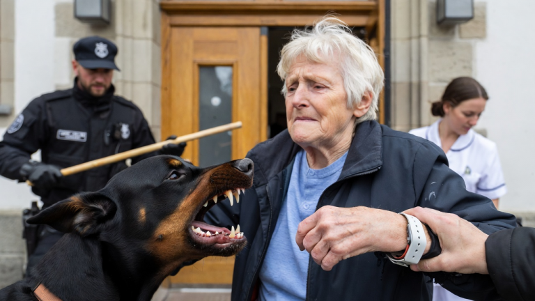 MEIN DOBERMANN BISS SICH IN DIE KLEIDUNG EINER ALTEN FRAU UND ZOG SIE VON DER TÜR DES PFLEGEHEIMS IN DRESDEN WEG. DER SICHERHEITSMANN STIEẞ IHN MIT EINEM STOCK ZURÜCK. DOCH DIE ALTE FRAU NAHM MEINE HAND, ZITTERTE UND ZEIGTE MIR EINEN DURCHGESCHNITTENEN ORTUNGSARMBAND IN IHRER JACKE. HINTER IHR SENKTE DIE KRANKENSCHWESTER SOFORT DEN BLICK.