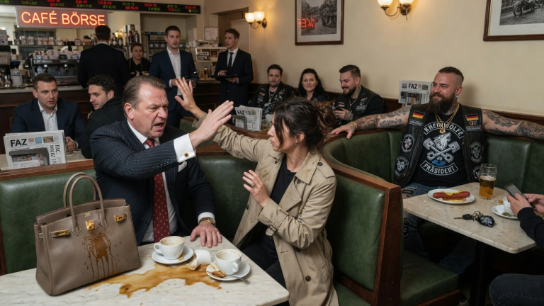KAPITEL 2 – EIN FRANKFURTER BANKER OHRFEIGTE MICH, WEIL ICH KAFFEE AUF DIE BIRKIN-TASCHE SEINER FRAU VERSCHÜTTET HATTE — ER WUSSTE NICHT, DASS MEIN SOHN, DER PRÄSIDENT DER RHEINWÖLFE MC, IN DER ECKBANK SAẞ.