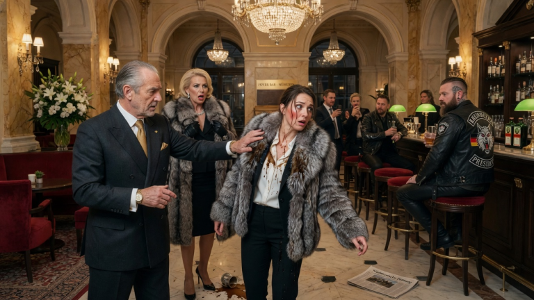 KAPITEL 2 – EIN MÜNCHNER IMMOBILIENMOGUL OHRFEIGTE MICH IM FOYER EINES LUXUSHOTELS, WEIL ICH KAFFEE AUF DEN PELZMANTEL SEINER FRAU VERSCHÜTTET HATTE — ER WUSSTE NICHT, DASS MEIN SOHN, DER PRÄSIDENT DER RHEINWÖLFE MC, AN DER BAR SAẞ.