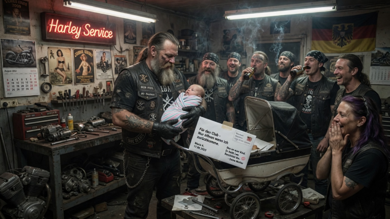 KAPITEL 2- ALLE LACHTEN, ALS EIN RAUER BIKER EIN VERLASSENES BABY IN SEINE MOTORRADWERKSTATT BRACHTE — BIS DER UMSCHLAG IM KINDERWAGEN DEN GANZEN CLUB VERSTUMMEN LIEẞ