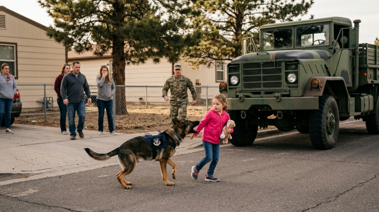 SIE DACHTEN, DER DIENSTHUND GREIFE DIE KLEINE TOCHTER DES HAUPTMANNS AN… BIS DER MILITÄRLASTWAGEN GENAU HINTER IHR ZUM STEHEN KAM