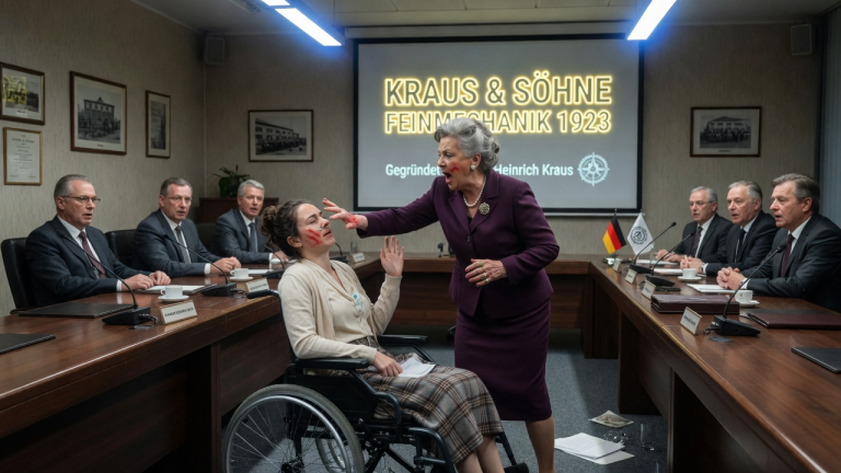 KAPITEL 2 – DIE SCHWIEGERMUTTER OHRFEIGTE DIE SCHWIEGERTOCHTER IM ROLLSTUHL VOR DEM VORSTANDSTISCH UND NANNTE SIE EIN HINDERNIS — BIS DER ALTE FIRMENNAME HINTER IHR AUFLEUCHTETE.