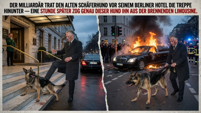 KAPITEL 2 – DER MILLIARDÄR TRAT DEN ALTEN SCHÄFERHUND VOR SEINEM BERLINER HOTEL DIE TREPPE HINUNTER — EINE STUNDE SPÄTER ZOG GENAU DIESER HUND IHN AUS DER BRENNENDEN LIMOUSINE.