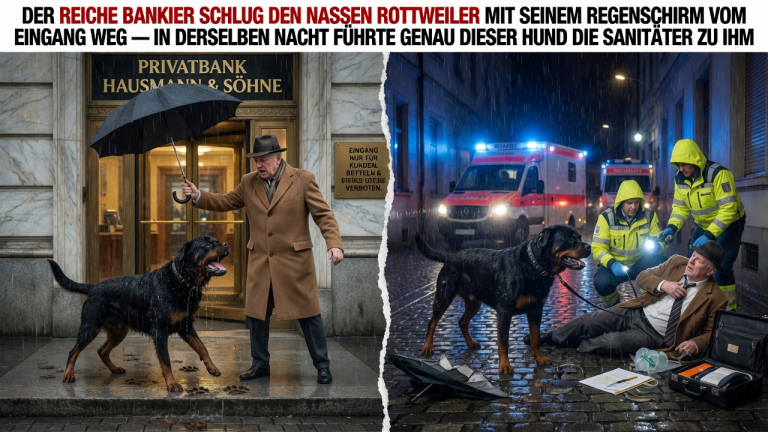 DER REICHE BANKIER SCHLUG DEN NASSEN ROTTWEILER MIT SEINEM REGENSCHIRM VOM EINGANG WEG — IN DERSELBEN NACHT FÜHRTE GENAU DIESER HUND DIE SANITÄTER ZU IHM.