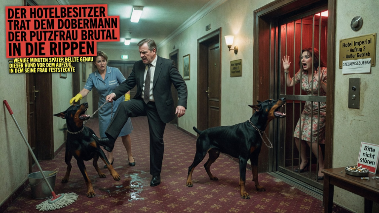 KAPITEL 2 – DER HOTELBESITZER TRAT DEM DOBERMANN DER PUTZFRAU BRUTAL IN DIE RIPPEN — WENIGE MINUTEN SPÄTER BELLTE GENAU DIESER HUND VOR DEM AUFZUG, IN DEM SEINE FRAU FESTSTECKTE.