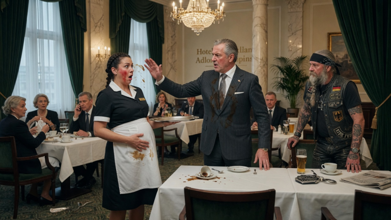 KAPITEL 2 – DER MILLIARDÄR OHRFEIGTE DIE SCHWANGERE KELLNERIN IM BERLINER LUXUSHOTEL, WEIL SIE KAFFEE AUF SEINEN ANZUG VERSCHÜTTET HATTE — BIS EIN ALTER BIKER AM LETZTEN TISCH LANGSAM AUFSTAND.