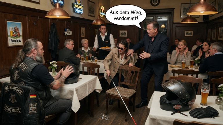 KAPITEL 2 – DER REICHE UNTERNEHMER STIEẞ DIE BLINDE FRAU IM MÜNCHNER RESTAURANT GEGEN DEN STUHL UND NANNTE SIE IM WEG — DOCH DER MANN MIT DER LEDERWESTE LEGTE NUR SEINEN HELM AUF DEN TISCH.