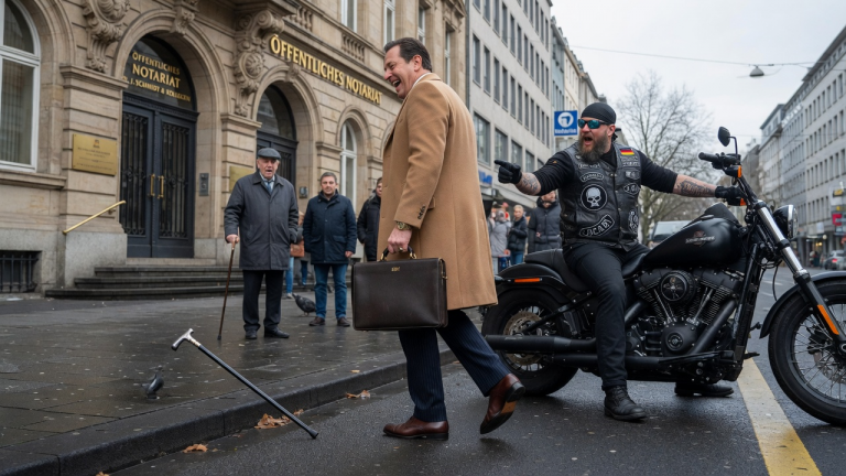 KAPITEL 2 – DER MILLIONÄR TRAT DEN GEHSTOCK EINES ALTEN MANNES VOR DEM KÖLNER NOTARIAT WEG UND LACHTE ÜBER IHN — BIS EIN BIKER HINTER IHM SAGTE: „HEB IHN AUF.“