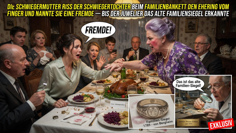 KAPITEL 2 – DIE SCHWIEGERMUTTER RISS DER SCHWIEGERTOCHTER BEIM FAMILIENBANKETT DEN EHERING VOM FINGER UND NANNTE SIE EINE FREMDE — BIS DER JUWELIER DAS ALTE FAMILIENSIEGEL ERKANNTE.
