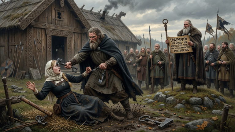KAPITEL 2 – DER JARL SCHLUG DIE JUNGE WITWE VOR DEM LANGHAUS ZU BODEN UND RISS IHR DEN HOFSCHLÜSSEL AUS DER HAND — BIS DER GESETZESSPRECHER BEIM THING DEN ALTEN ERBSPRUCH VORLAS.