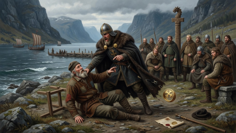 KAPITEL 2 – DER JARL TRAT DEN ALTEN BAUERN VOR DEM THING VOM STUHL UND FORDERTE SEIN LAND AM FJORD — BIS DER KÖNIGSSIEGELRING AUS DEM FELLMANTEL FIEL.