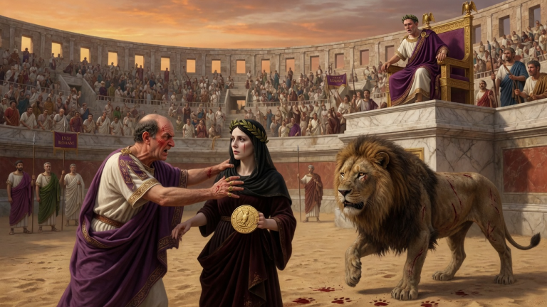 KAPITEL 2 -DER RÖMISCHE SENATOR STIEẞ DIE WITWE EINES ALTEN GENERALS IN DIE ARENA, UM IHR ERBE ZU BRECHEN — DOCH ALS DER ALTE LÖWE DEN SIEGELRING IN IHRER HAND SAH, STAND DER KAISER AUF.
