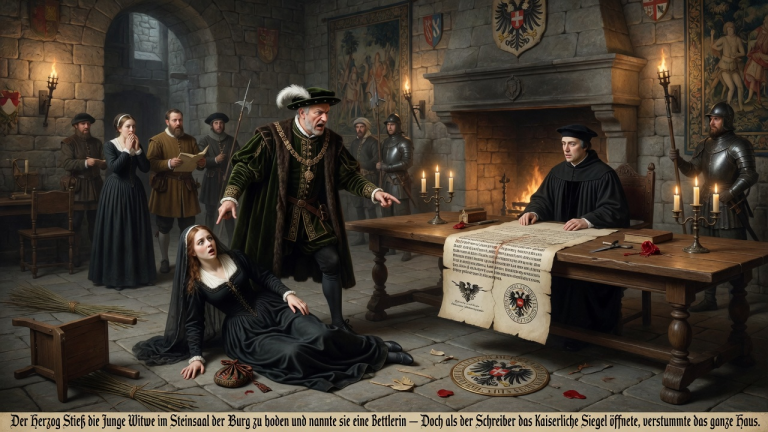 KAPITEL 2 – DER HERZOG STIEẞ DIE JUNGE WITWE IM STEINSAAL DER BURG ZU BODEN UND NANNTE SIE EINE BETTLERIN — DOCH ALS DER SCHREIBER DAS KAISERLICHE SIEGEL ÖFFNETE, VERSTUMMTE DAS GANZE HAUS.