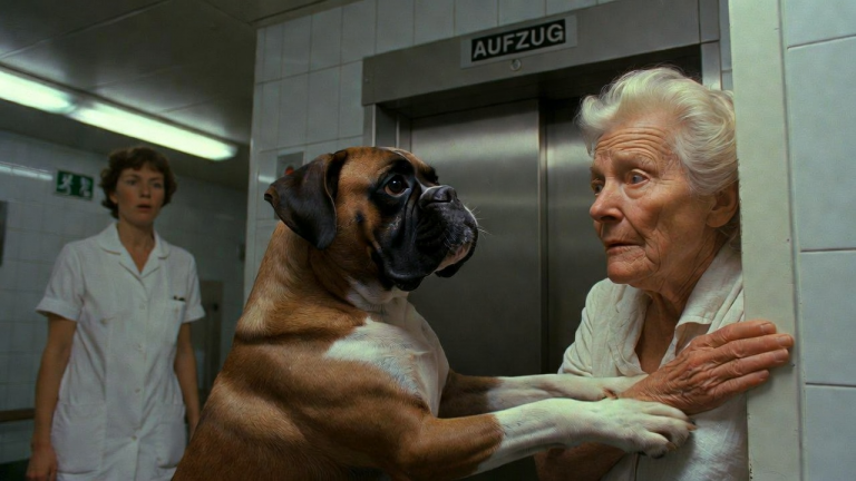 DER BOXERHUND ZOG DIE ALTE FRAU VOM AUFZUG IM FRANKFURTER KRANKENHAUS WEG. DIE TÜR SCHLOSS SICH UNGEWÖHNLICH LANGSAM, UND DRINNEN ERTÖNTE EIN KREISCHENDES METALLGERÄUSCH. DIE KRANKENSCHWESTER STAND WIE VERSTEINERT DA.