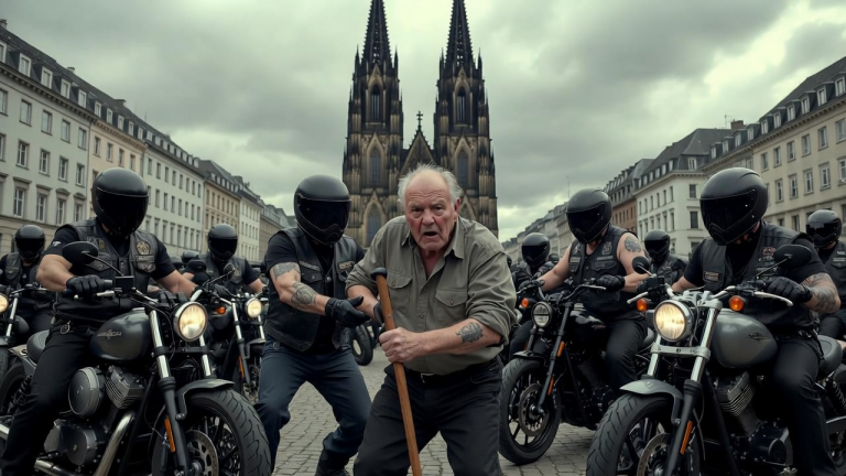 EINE GRUPPE GANGSTER TRAT MITTEN AUF EINEM PLATZ IN KÖLN DEN GEHSTOCK DES ALTEN MANNES WEG. DOCH ALS SEIN ÄRMEL AUFRISS, ERKANNTE DIE BIKERGRUPPE DAS ZEICHEN DES GRÜNDERS, DER SEIT JAHREN VERSCHWUNDEN WAR.