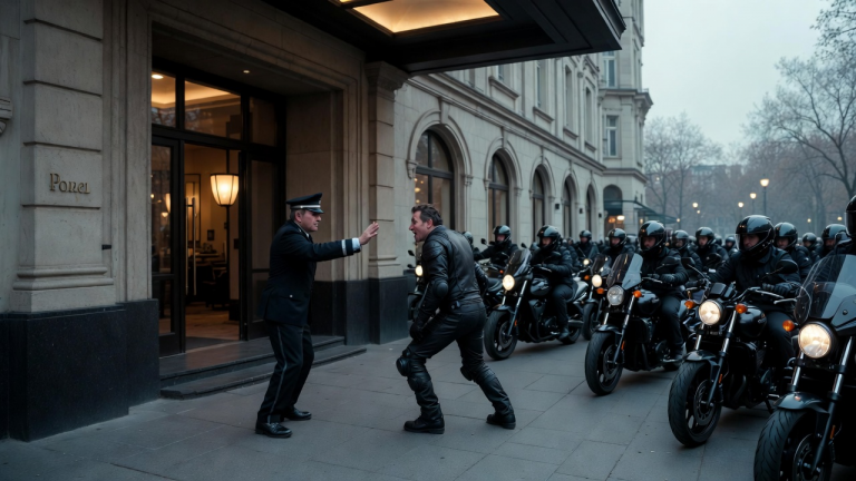 DER HOTELWACHMANN STIESS DEN ARMEN BIKER VOM HAUPTEINGANG WEG, DOCH NUR EIN EINZIGER ANRUF REICHTE, DAMIT EINE LANGE REIHE SCHWARZER MOTORRÄDER DAS HOTEL UMRINGTE.