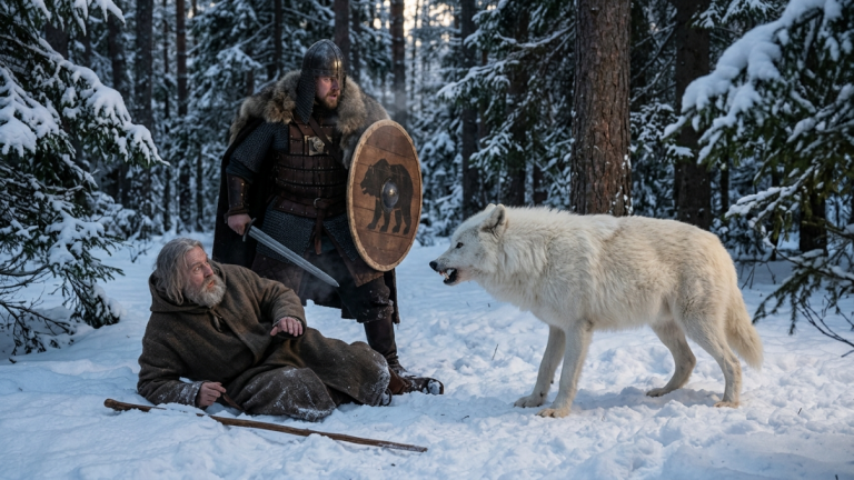 DER KRIEGER RAMMTE MIT SEINEM SCHILD SO HEFTIG ZU, DASS DER ALTE MANN IN DEN SCHNEE FIEL … DOCH PLÖTZLICH STELLTE SICH DER WEISSE WOLF SCHÜTZEND VOR IHN.