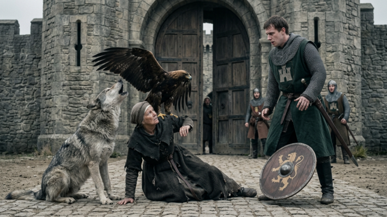 DER SOLDAT STIESS DIE WITWE VOR DEM BURGTOR ZU BODEN. DER ALTE WOLF AN IHRER SEITE HEULTE AUF, UND DER KÖNIGLICHE ADLER SANK HERAB UND LIEẞ SICH AUF IHRER SCHULTER NIEDER. ER ZITTERTE SO SEHR, DASS IHM DER SCHILD AUS DER HAND FIEL.