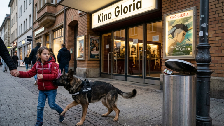 MEIN K9-HUND STIEẞ DAS KLEINE MÄDCHEN VOM EINGANG DES KINOS IN STUTTGART WEG. IM MÜLLEIMER NEBEN DER TÜR GAB EIN KLEINER METALLISCHER GEGENSTAND EIN LEISES SURRENDES GERÄUSCH VON SICH.
