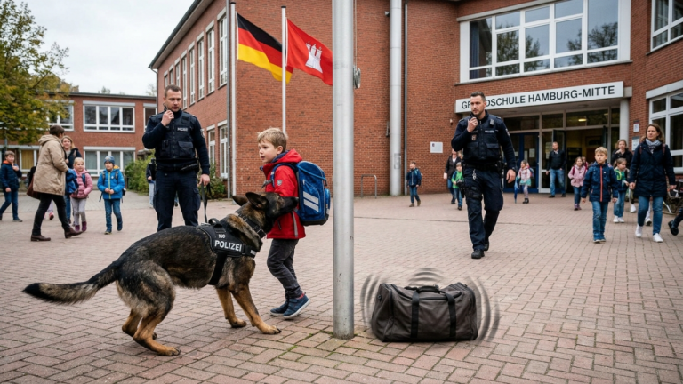 MEIN K9-HUND ZOG UND STIEẞ DEN KLEINEN JUNGEN VOM SCHULHOF IN HAMBURG WEG. DIE FREMDE TASCHE NEBEN DEM FAHNENMAST BEGANN LEICHT ZU VIBRIEREN, OBWOHL NIEMAND SIE BERÜHRTE.
