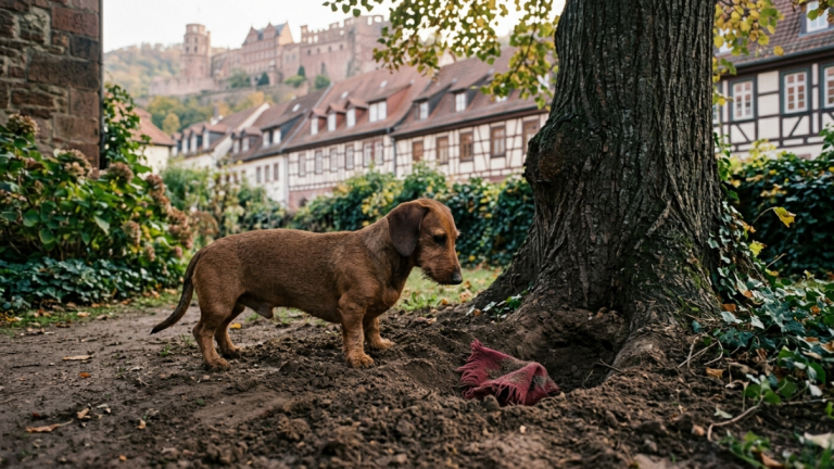 DER DACKEL GRUB UNTER DEM BAUM HINTER DEM HAUS IN HEIDELBERG UND HEULTE DANN LANG AUF. EINE ECKE EINES ALTEN WOLLSCHALS RAGTE AUS DER ERDE, GENAU IN DER FARBE DES SCHALS DER MUTTER, DIE VOR VIELEN JAHREN VERSCHWUNDEN WAR. DER SOHN STAND REGUNGSLOS DA.