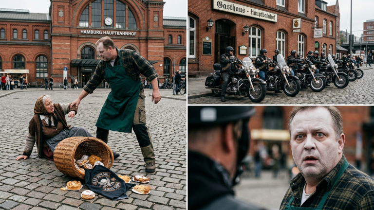 DER WIRT STIESS DIE ALTE KUCHENVERKÄUFERIN VOR DEM HAMBURGER BAHNHOF ZU BODEN, SODASS IHR KORB AUF DIE STRASSE FLIEG. DOCH IM KORB KAM EIN TUCH MIT EINEM ALTEN BIKER-LOGO ZUM VORSCHEIN. WENIGE SEKUNDEN SPÄTER HIELT EINE GANZE MOTORRADGRUPPE VOR DEM LOKAL, UND SEIN GESICHT WURDE KREIDEBLEICH.