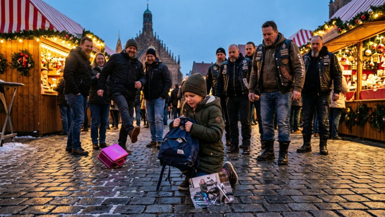 EINE BETRUNKENE GRUPPE TRAT DER KLEINEN MÄDCHEN AUF DEM NÜRNBERGER WEIHNACHTSMARKT DIE ESSENSDOSE WEG, WORAUFHIN SIE IHREN ZERRISSENEN RUCKSACK FEST AN SICH DRÜCKTE. DOCH AUS DEM RUCKSACK FIEL EIN FOTO HERAUS, AUF DEM DAS MÄDCHEN AUF EINER SCHWARZEN HARLEY SAẞ. DIE GANZE BIKERGRUPPE HINTER IHR ERSTARRTE.