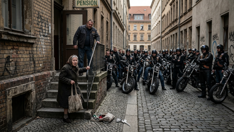 DER PENSIONSBESITZER STIESS DIE ALTE FRAU IN LEIPZIG DIE TREPPENSTUFEN HINUNTER, WEIL IHR GELD FÜR DIE MIETE FEHLTE. AUS IHRER STOFFTASCHE FIEL EIN GARAGENSCHLÜSSEL HERAUS, IN DEN EIN SILBERNER WOLF EINGRAVIERT WAR. KURZ DARAUF SPERRTEN MEHR ALS ZWANZIG BIKER DIE GANZE GASSE AB.