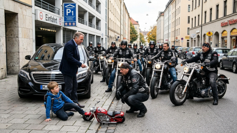 DER FAHRER DES LUXUSWAGENS STIEẞ DEN JUNGEN VOR DEM PARKPLATZ IN MÜNCHEN ZU BODEN, WEIL DER JUNGE SEIN AUTO BERÜHRT HATTE. DOCH AUF SEINEM KLEINEN MOTORRADSPIELZEUG WAR DER NAME EINES GEHEIMEN BIKERCLUBS EINGRAVIERT. DIE GANZE BIKERGRUPPE DRAUẞEN AUF DER STRAẞE UMRINGTE IHN SOFORT.