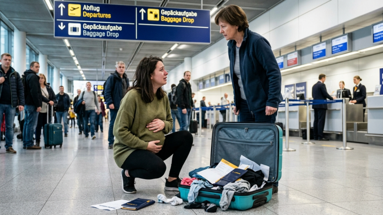 MEINE SCHWIEGERMUTTER STIESS MIR AM FRANKFURTER FLUGHAFEN GEGEN DEN SCHWANGEREN BAUCH, WEIL SIE DACHTE, ICH WÜRDE VOR DER FAMILIE MEINES MANNES FLIEHEN. DER KOFFER SPRANG AUF UND ENTHÜLLTE DIE FLUGTICKETS, DIE ICH GEKAUFT HATTE, UM SIE ZUR BEHANDLUNG ZU BRINGEN.