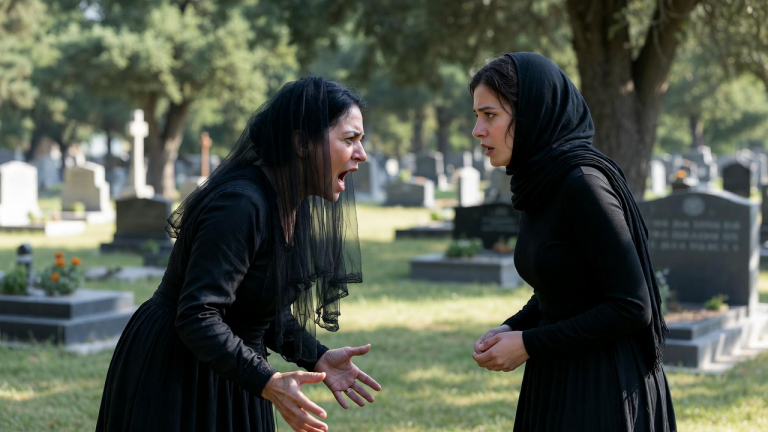 DIE TANTE ZOG DER NICHTE AUF DEM HAMBURGER FRIEDHOF HEFTIG AM TRAUERSCHAL, WEIL SIE IHR VORWARF, UNGLÜCK ÜBER DIE FAMILIE GEBRACHT ZU HABEN. ALS DAS TESTAMENT GEÖFFNET WURDE, WURDE DIE TANTE KREIDEBLEICH, DENN DAS GESAMTE VERMÖGEN GING AN DIE NICHTE.