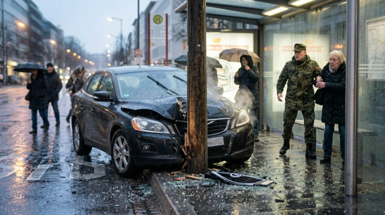 Im kalten Regen steht ein deutscher Soldat schweigend an einer Bushaltestelle und wirkt auf andere distanziert und schwer zugänglich.Als plötzlich ein außer Kontrolle geratenes Auto auf sie zurast, zieht er einen Fremden im letzten Moment zur Seite … und das Fahrzeug prallt direkt gegen einen Strommast genau dort, wo sie gerade noch gestanden hatten.