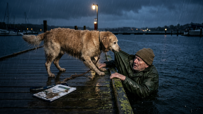 DER IMMOBILIENUNTERNEHMER WARF DIE LEINE DES ALTEN GÄRTNERHUNDES IN DEN SCHLAMM UND NANNTE IHN NUTZLOS — AM ABEND ZOG GENAU DIESER HUND SEINEN VATER VOM RUTSCHIGEN BOOTSSTEG WEG…