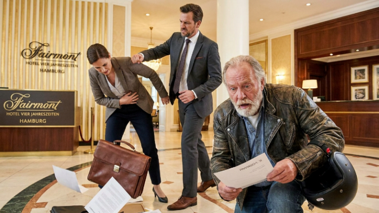 DER REEDEREI-MILLIARDÄR OHRFEIGTE DIE SCHWANGERE REZEPTIONISTIN IM HAMBURGER FÜNF-STERNE-HOTEL, WEIL SIE SEINE MAPPE FALLEN LIESS — BIS DER ALTE BIKER AM FENSTER IHREN NAMEN LAS…