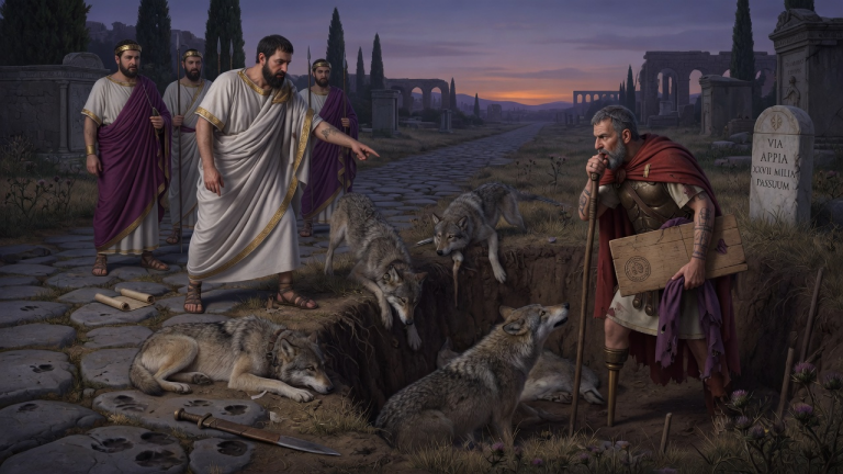 DER STATTHALTER TRAT DEN HINKENDEN VETERANEN AN DER VIA APPIA IN DIE WOLFSGRUBE, WEIL ER DIE LANDURKUNDE DER LEGION BEWAHRTE — DOCH DIE WÖLFE LEGTEN SICH NIEDER, ALS ER DAS ALTE SIGNAL PFIFF…